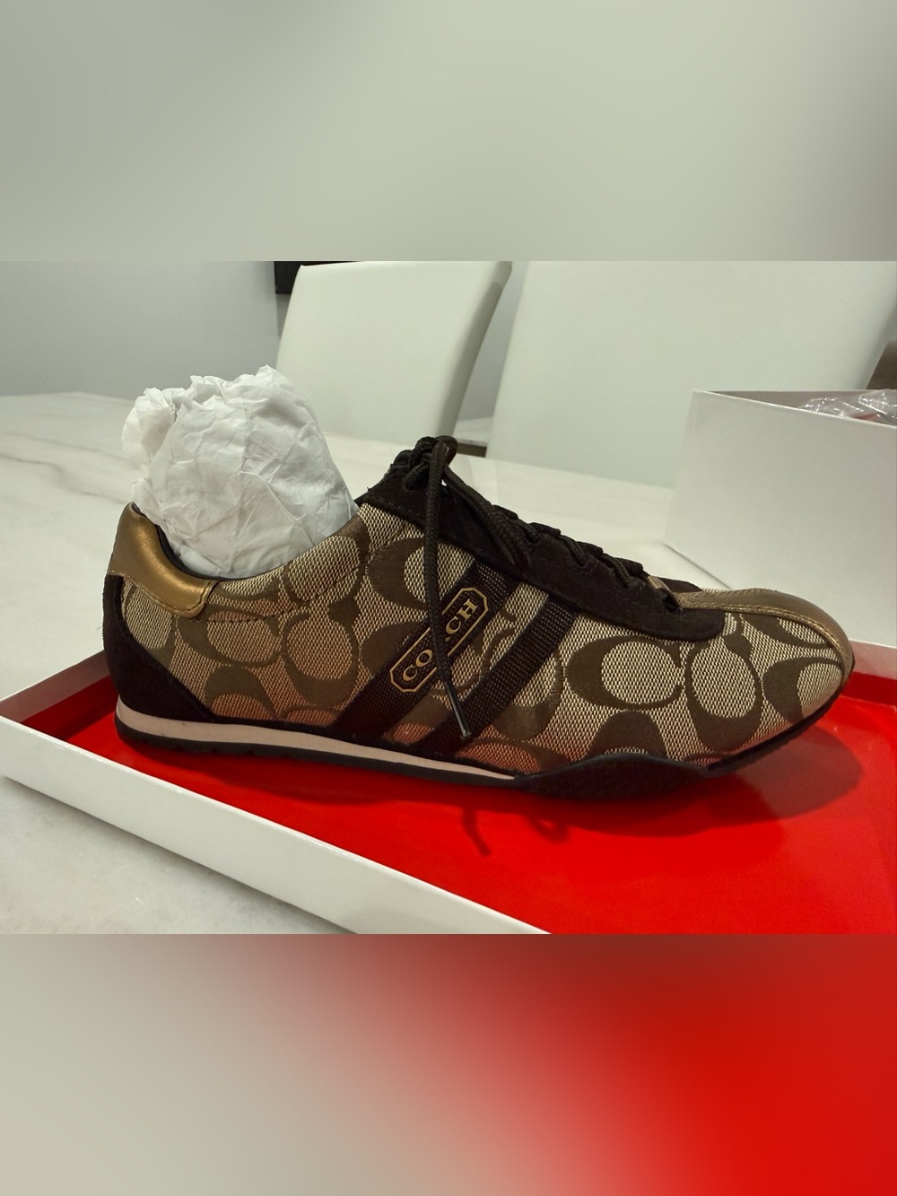 Coach Women’s Signature Logo Katelyn Sneaker in Brown and Gold - Picture 4 of 8